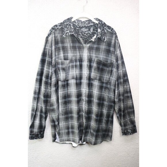 Susan Graver Weekend Plaid Velour Button Down Top-Size 1X-Animal Print Collar - Picture 1 of 11